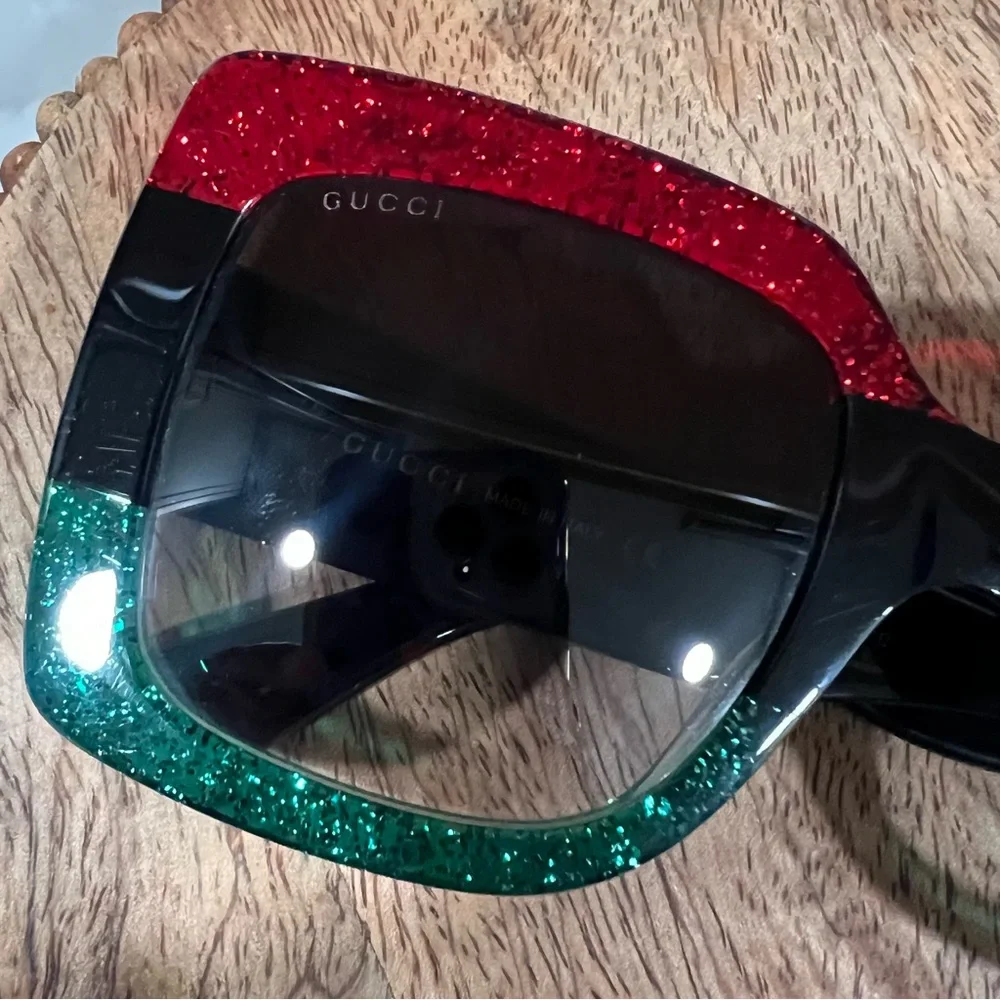 Gucci Red and Green Glitter Sunglasses‎ acetate square sunglasses minor flaws
